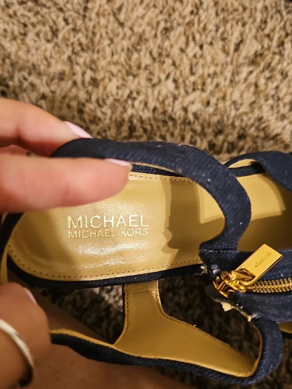 Michael Kors Navy Espadrille Wedge Sandals with Gold Zip Detail